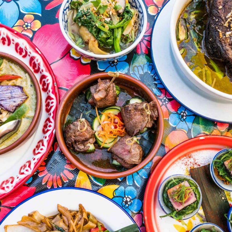 A vibrant overhead shot of various Thai dishes, including soups, beef skewers, and tuna, on a floral tablecloth.